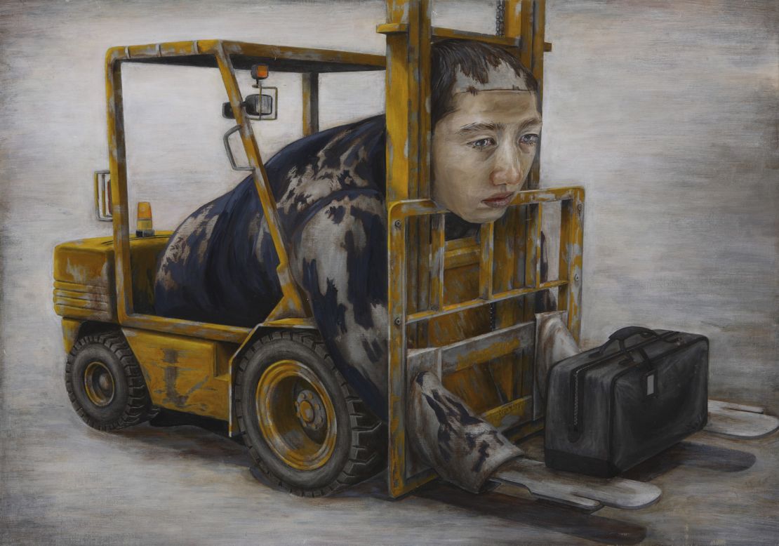 "Gripe," painted in 1999. White-collar workers in Ishida's works are often transformed into creatures that are part man, part machine, their blank faces reflecting the loss of their humanity, their identities stripped away in favor of the corporate collective of Japan Inc.