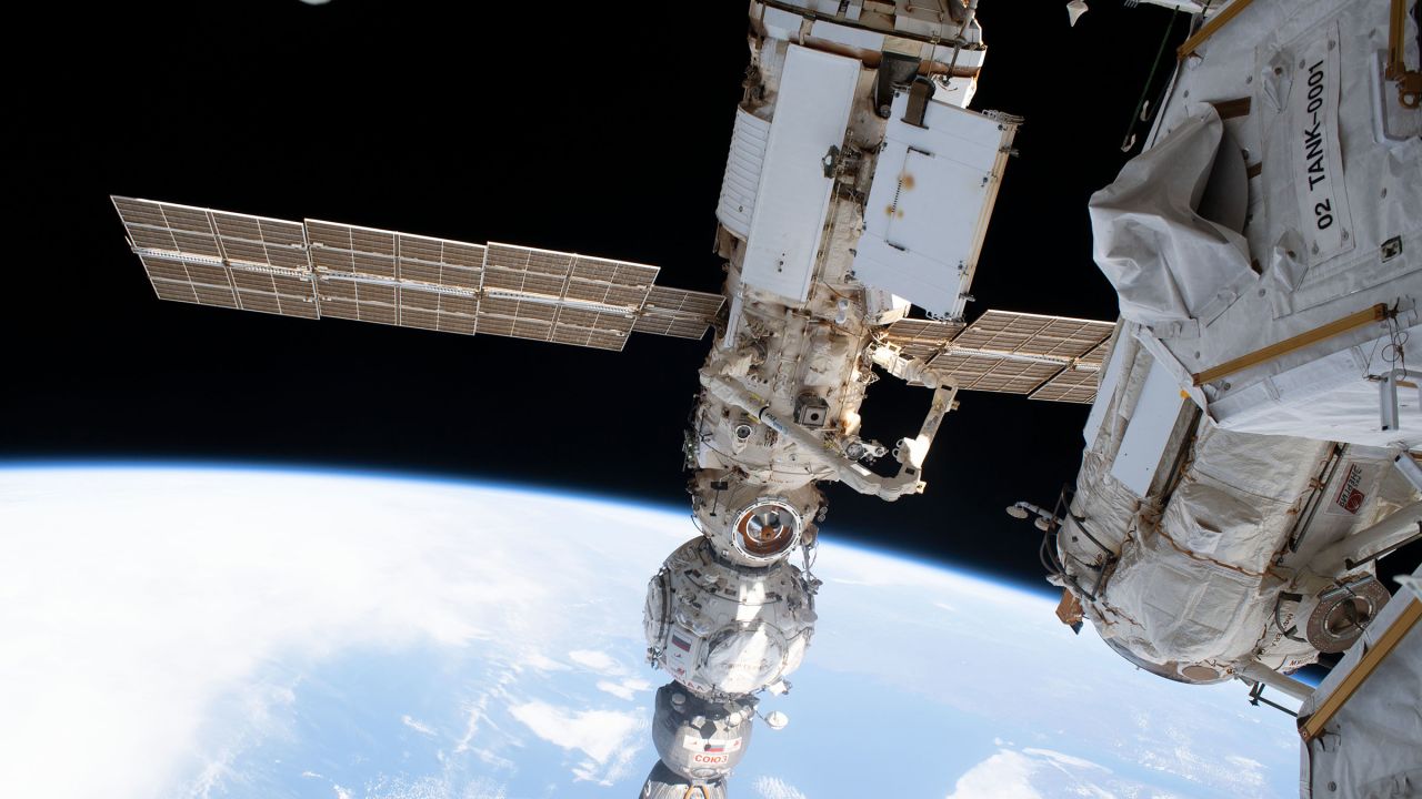 Four main components on the Roscosmos segment of the International Space Station are pictured as the orbital outpost soared 261 miles above the north Atlantic Ocean in April 2023.