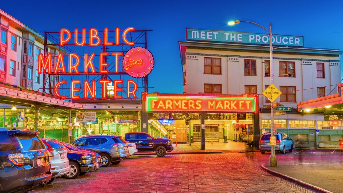 A photo of Pike Place Market in Seattle, Washington at night.