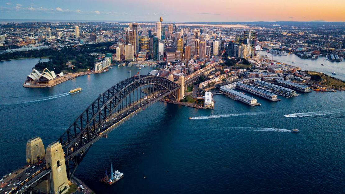 A photo of the Sydney Harbour Bridge and the city's skyline.