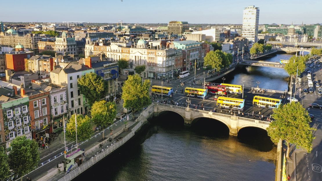 Dublin aerial view with Liffey river and O'Connell bridge during sunset