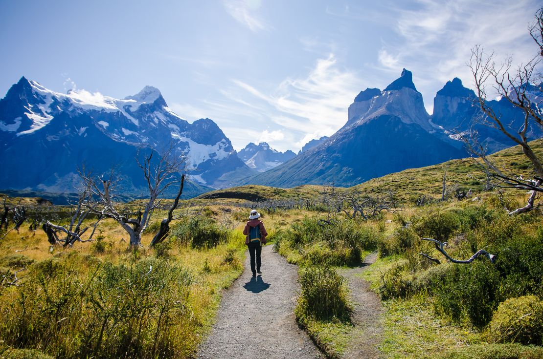 A photo of a person hiking in Torres del Paine National Park in Chile