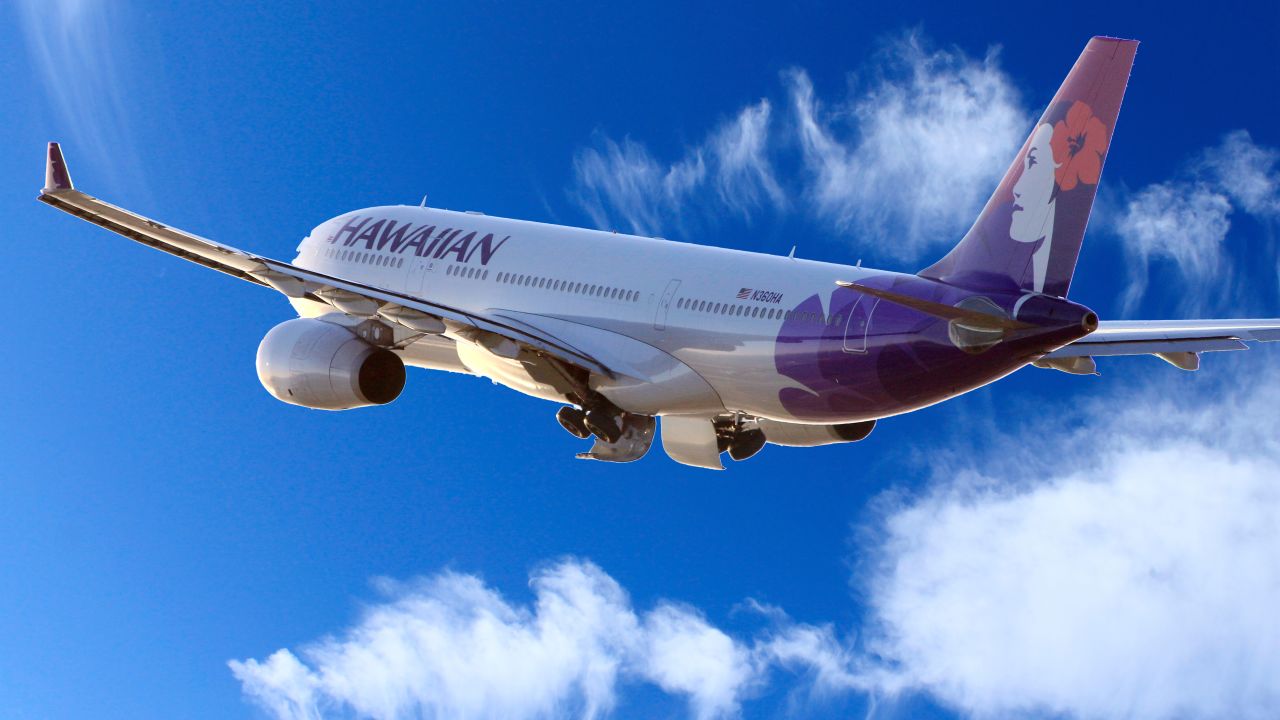 A photo of a Hawaiian Airlines A330 departing from Los Angeles