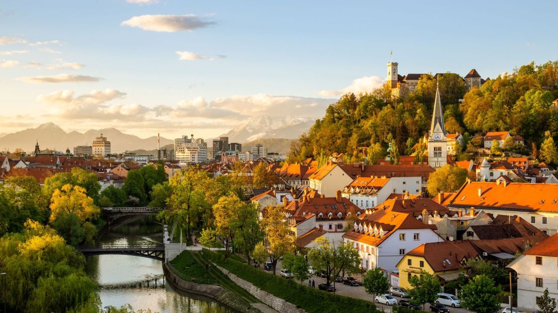 A phot of a canal running through Ljubljana, Slovenia.