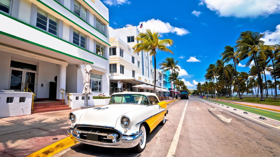 A photo of a classic car in Miami Beach's Art Deco district