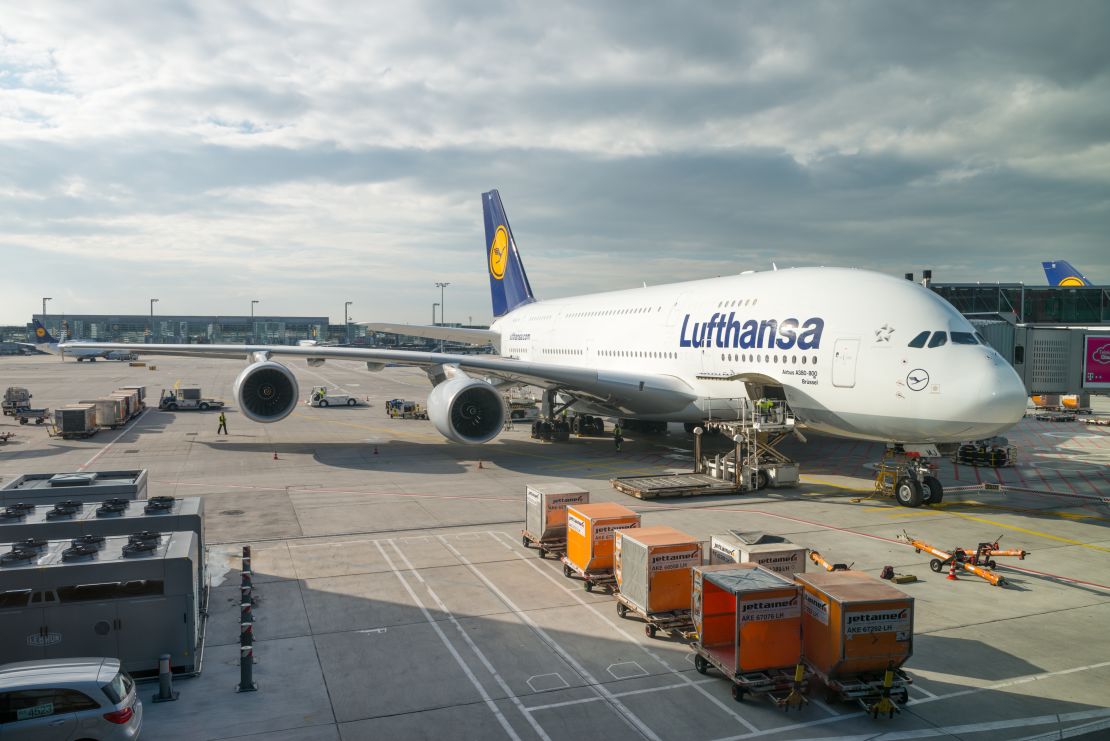 A photo of a Lufthansa Airbus A380-800 at the gate in Frankfurt Airport (FRA)