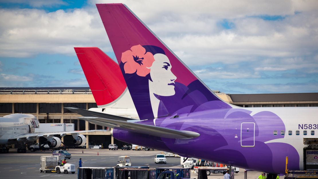 A photo of a Hawaiian Airlines' plane tail fin in Honolulu