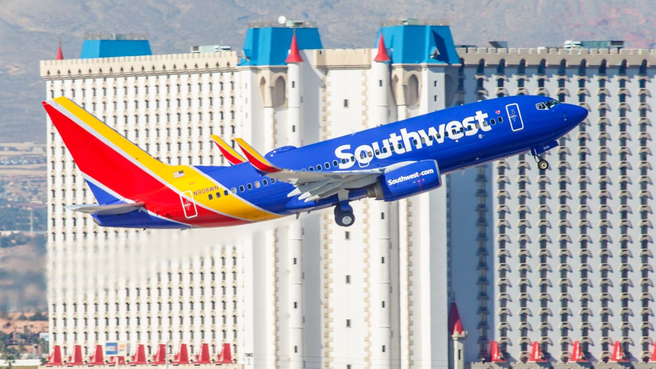 A photo of a Southwest Boeing 737 taking off in Las Vegas