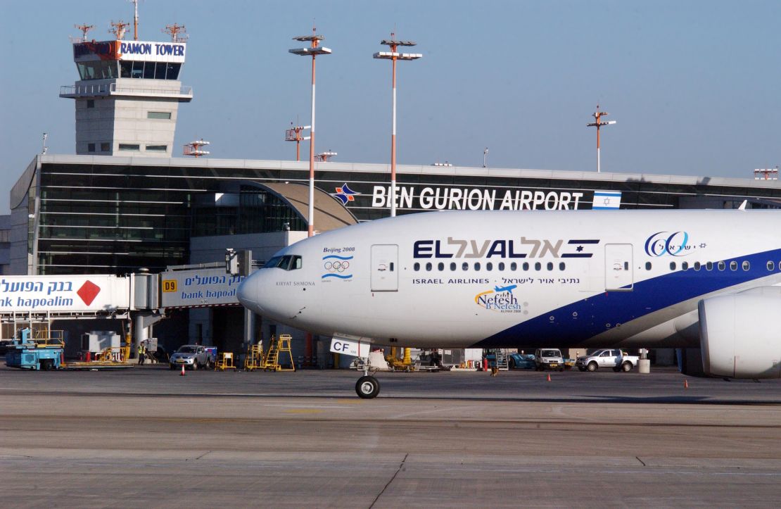 A photo of an El Al jet in front of Ben Gurion International Airport in Tel Aviv, Israel