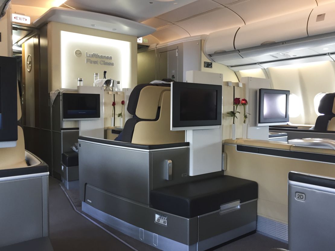 A photo of an empty Lufthansa first class cabin