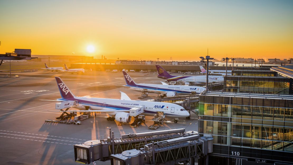 A photo of planes at the gate in Tokyo's Haneda International Airport