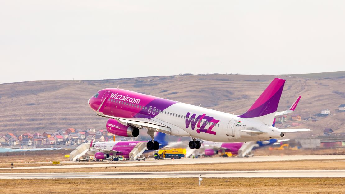 A photo of a Wizz Air airplane taking off in Cluj-Napoca, Romania