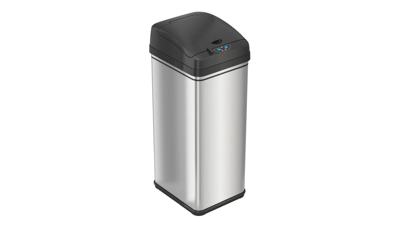 A stainless steel trash can with a black motion sensor lid on a white background.