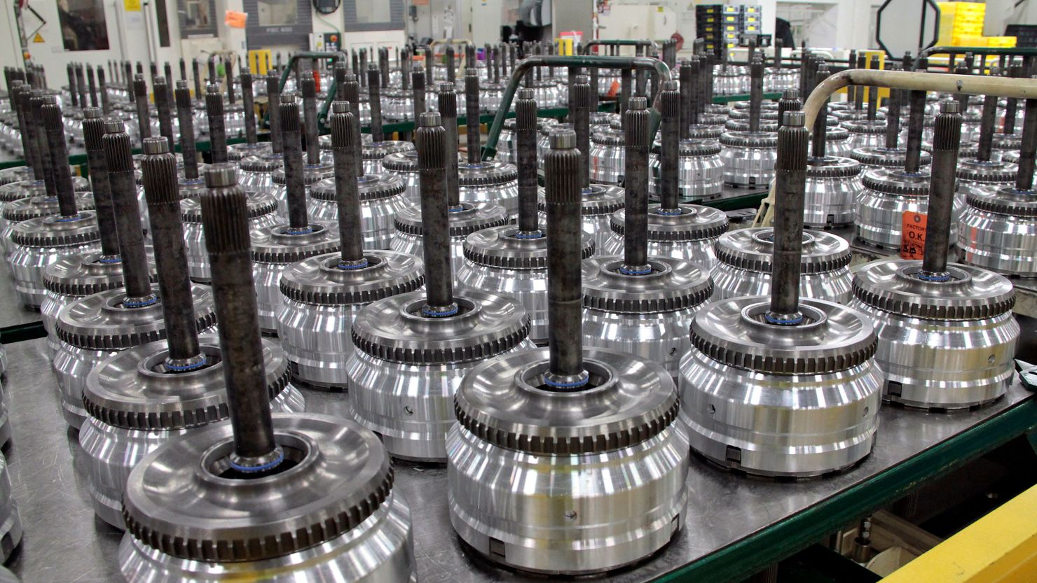 Input clutch assemblies for nine-speed transmission are ready to enter the main assembly line at the Stellantis Indiana Transmission Plant in Kokomo, Indiana.