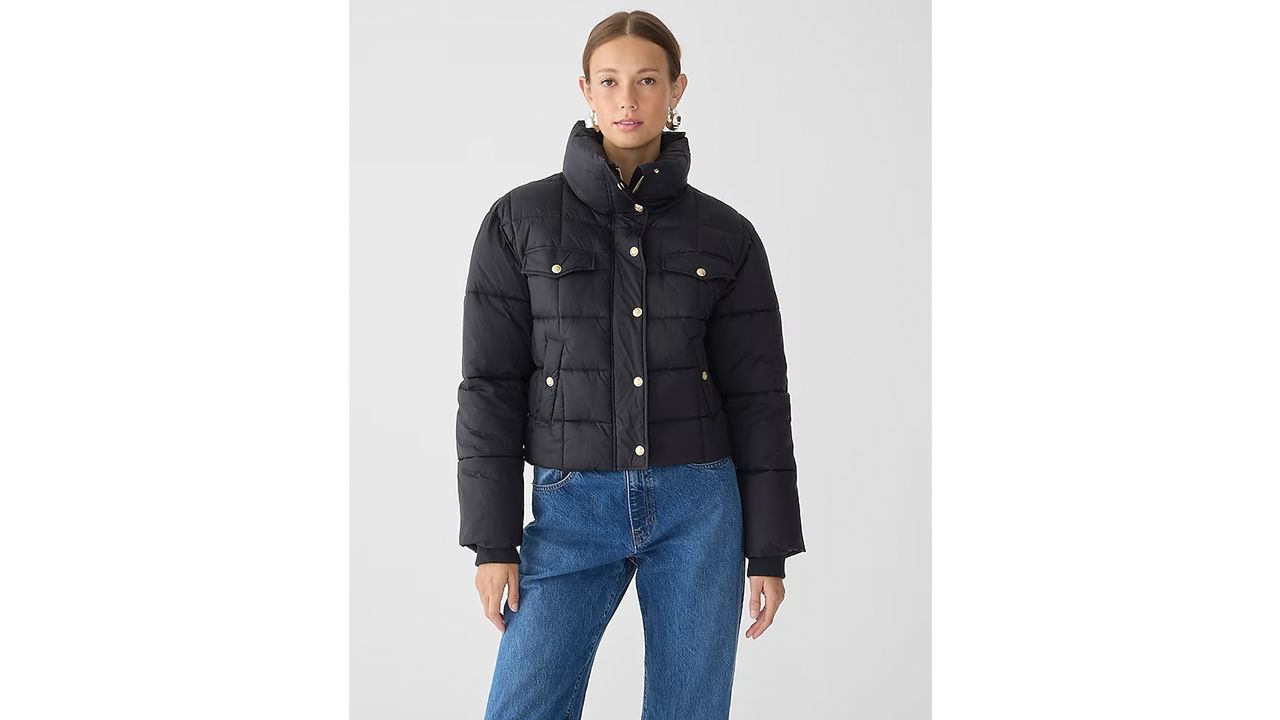 A photo of a person wearing a black J.Crew Cropped Puffer Jacket with PrimaLoft