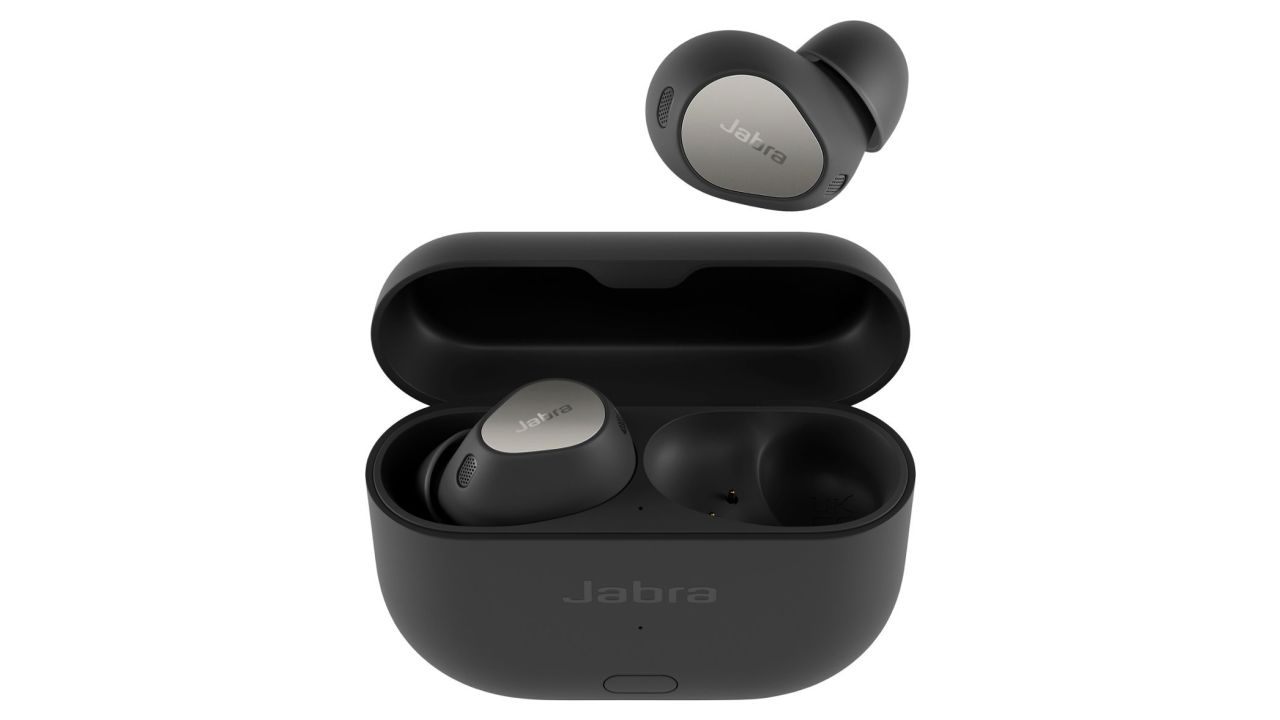 One Jabra Elite 10 Gen 2 earbud is removed from the charging case, which is open and has the other earbud inside.