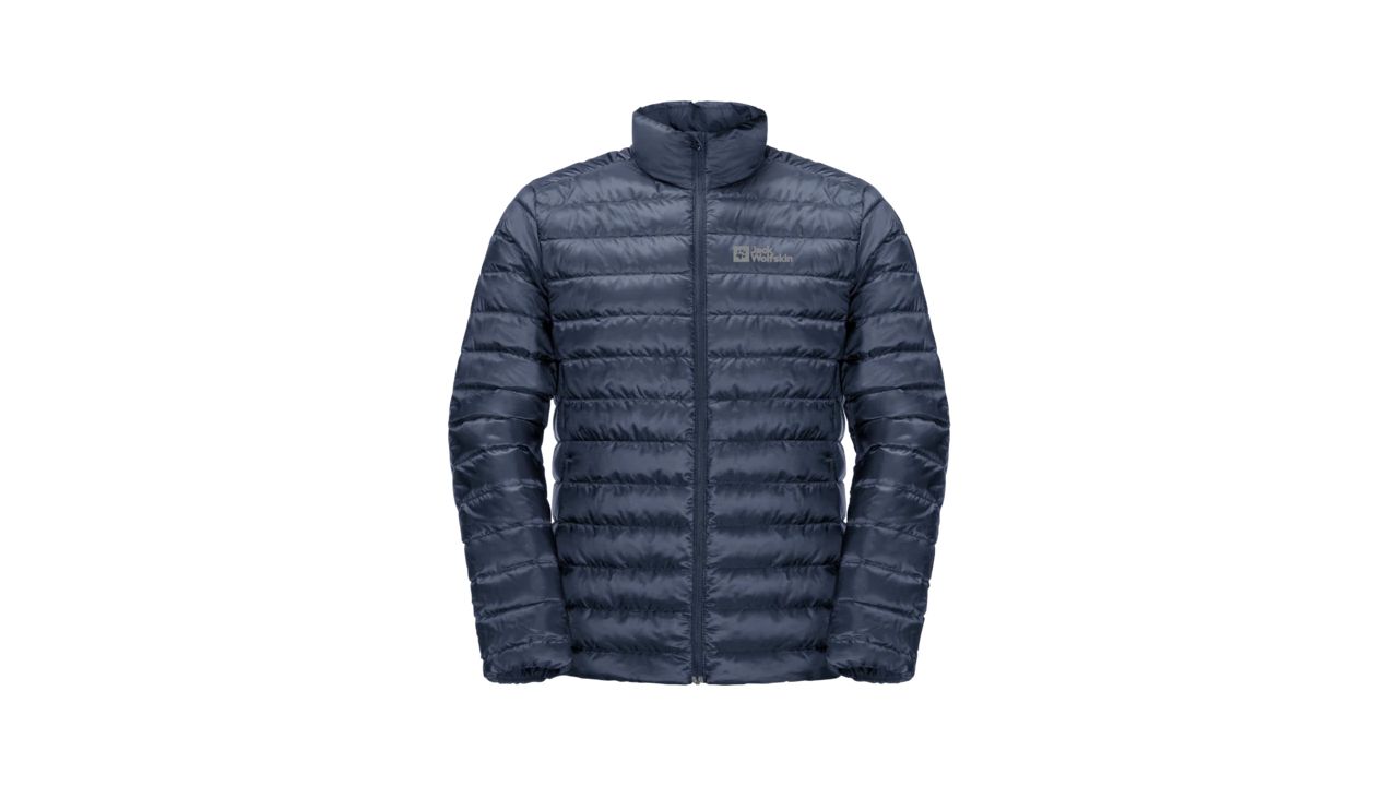 A photo of a blue Jack Wolfskin Men’s Pack & Go Down Jacket