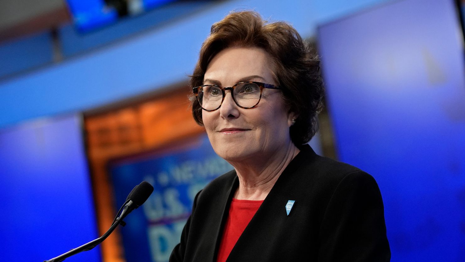 Sen. Jacky Rosen takes questions from reporters after a debate with Republican senatorial candidate Sam Brown on October 17 in Las Vegas.