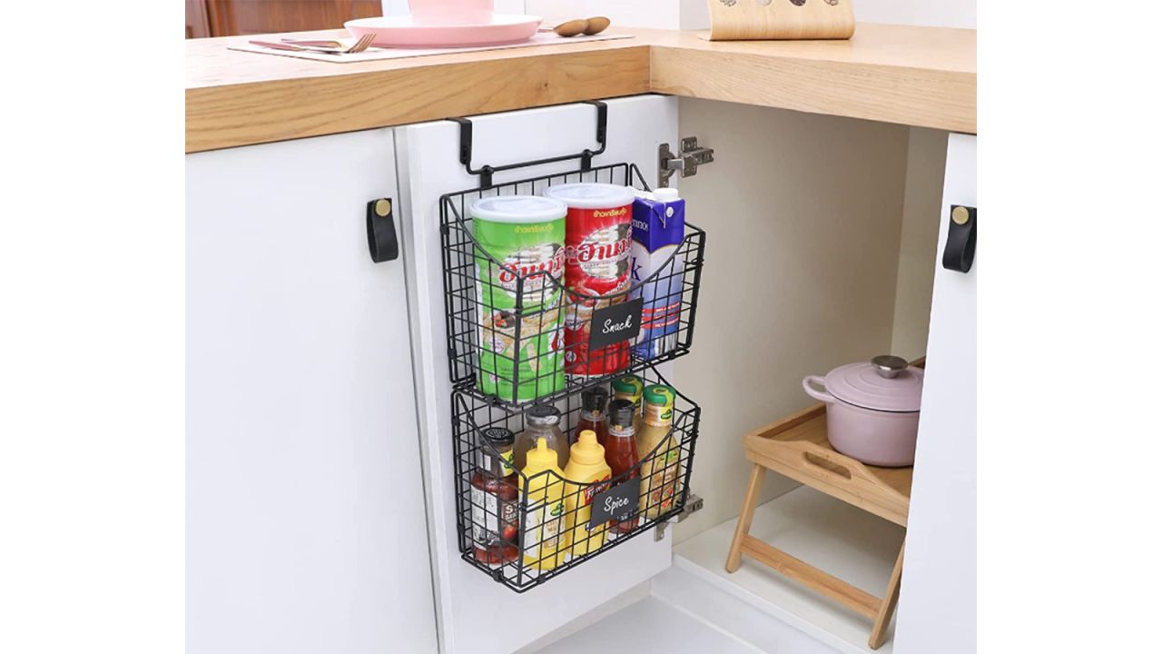 2 Set Stackable Wire Basket with Bamboo Top - Pantry, Kitchen Counter  Organization and Storage - Cabinet, Shelf, Countertop Space Saving  Organizing 