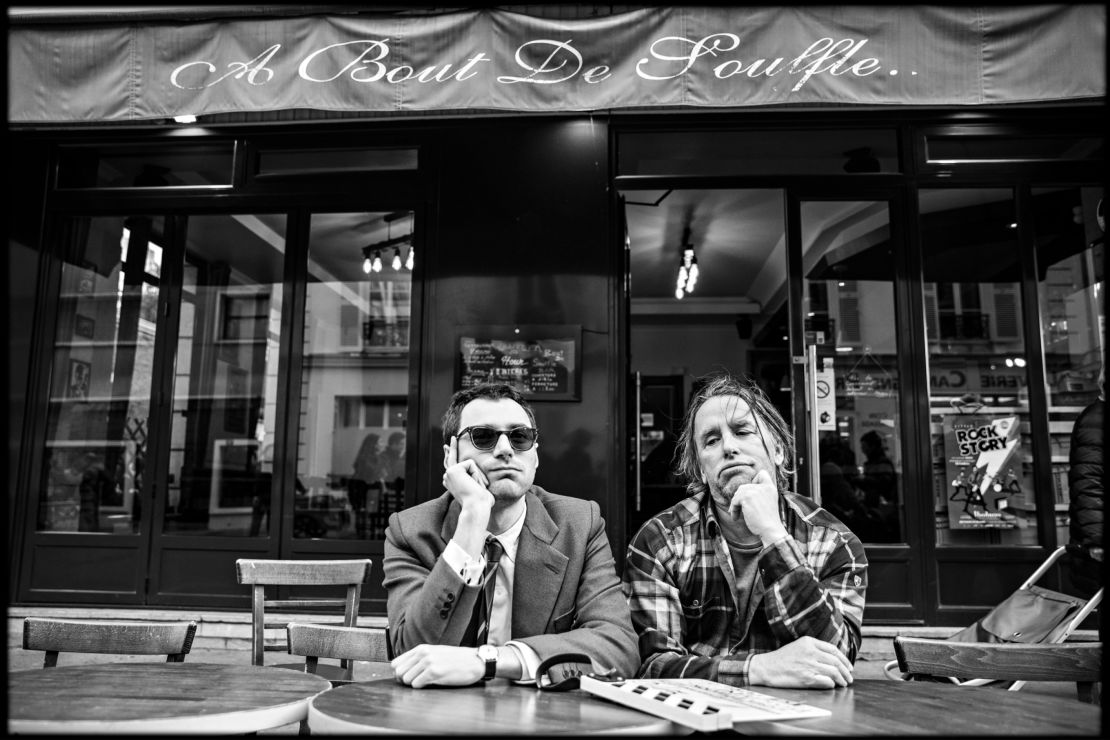 Actor Guillaume Marbeck as Jean-Luc Godard alongside his director Richard Linklater on the set of the duo's film,