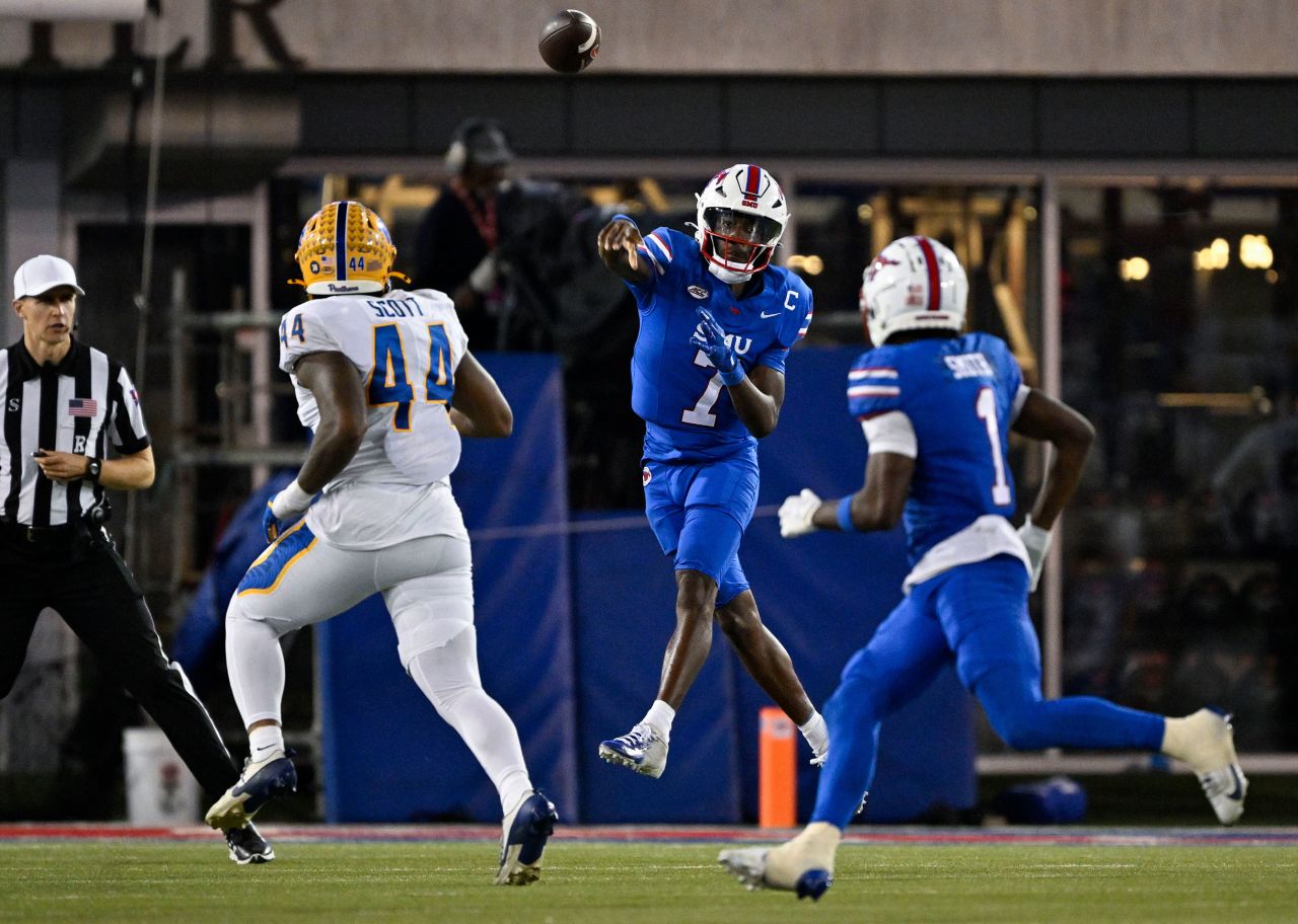 SMU quarterback Kevin Jennings throws during a game against Pittsburgh in Dallas on November 2.