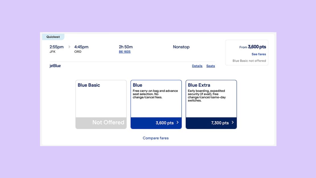 A screenshot of a JetBlue award itinerary from New York to Chicago on JetBlue's website