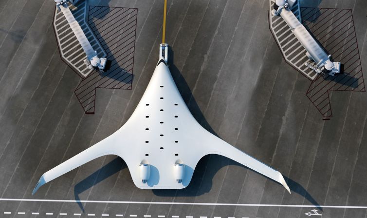 This rendering shows a blended-wing design by California-based JetZero, which aims to have a plane in service by 2030.