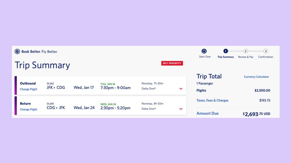 A screenshot showing a flight from New York to Paris on Delta's website