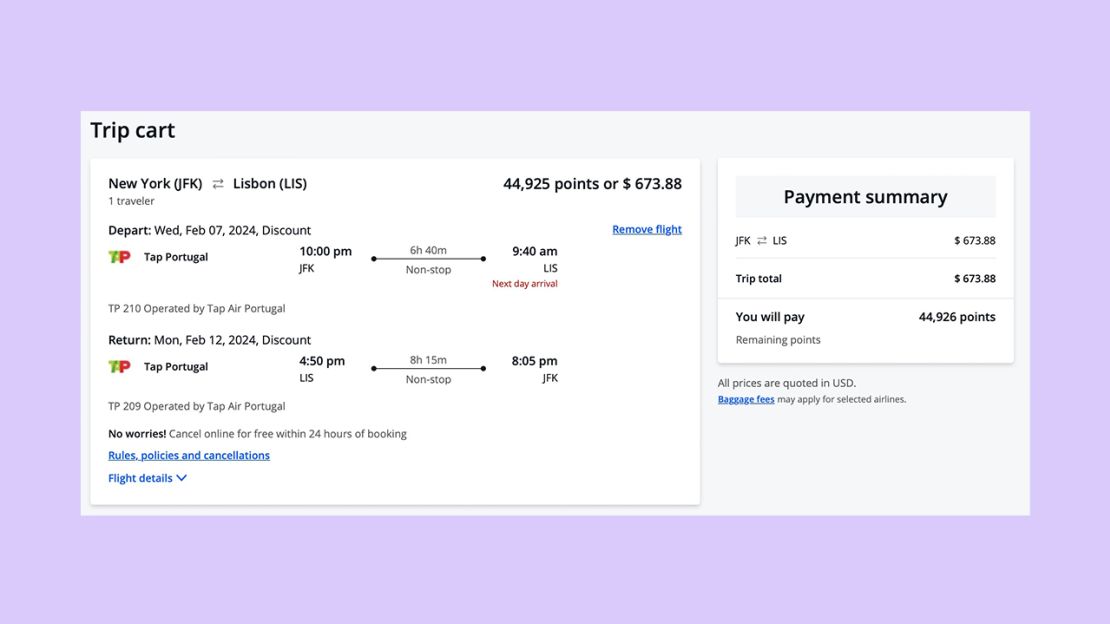 A screenshot of a flight from New York to Lisbon on the Chase Ultimate Rewards travel portal