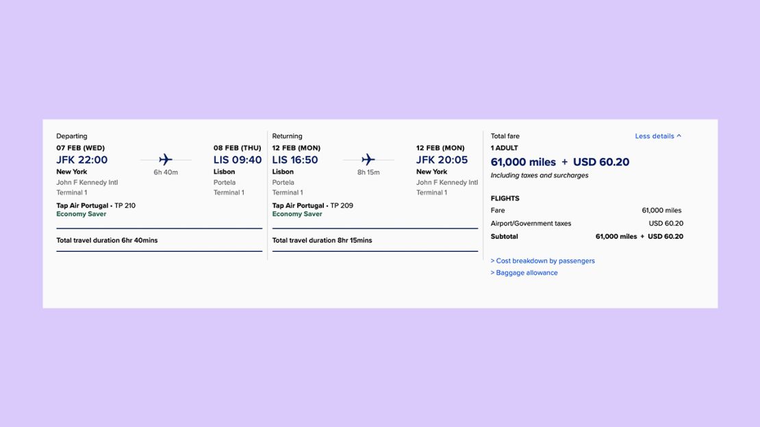 A screenshot of a Singapore Airlines Krisflyer award ticket from New York to Lisbon operated by TAP Air Portugal