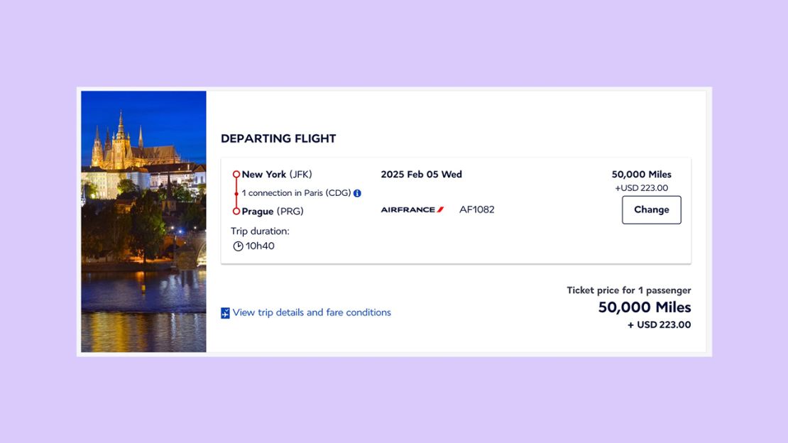 A screenshot of an Air France award itinerary from New York to Prague