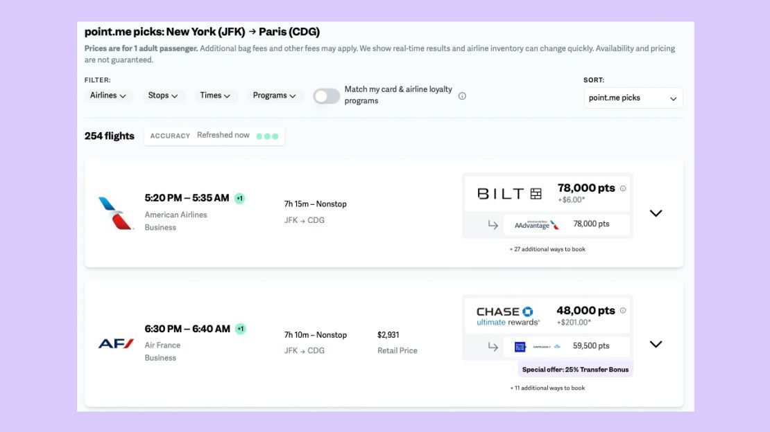 A screenshot showing Point.me search results for flights from New York to Paris