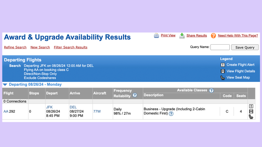 This shows that there are four seats in the "C" fare to confirm business class on AA 292.