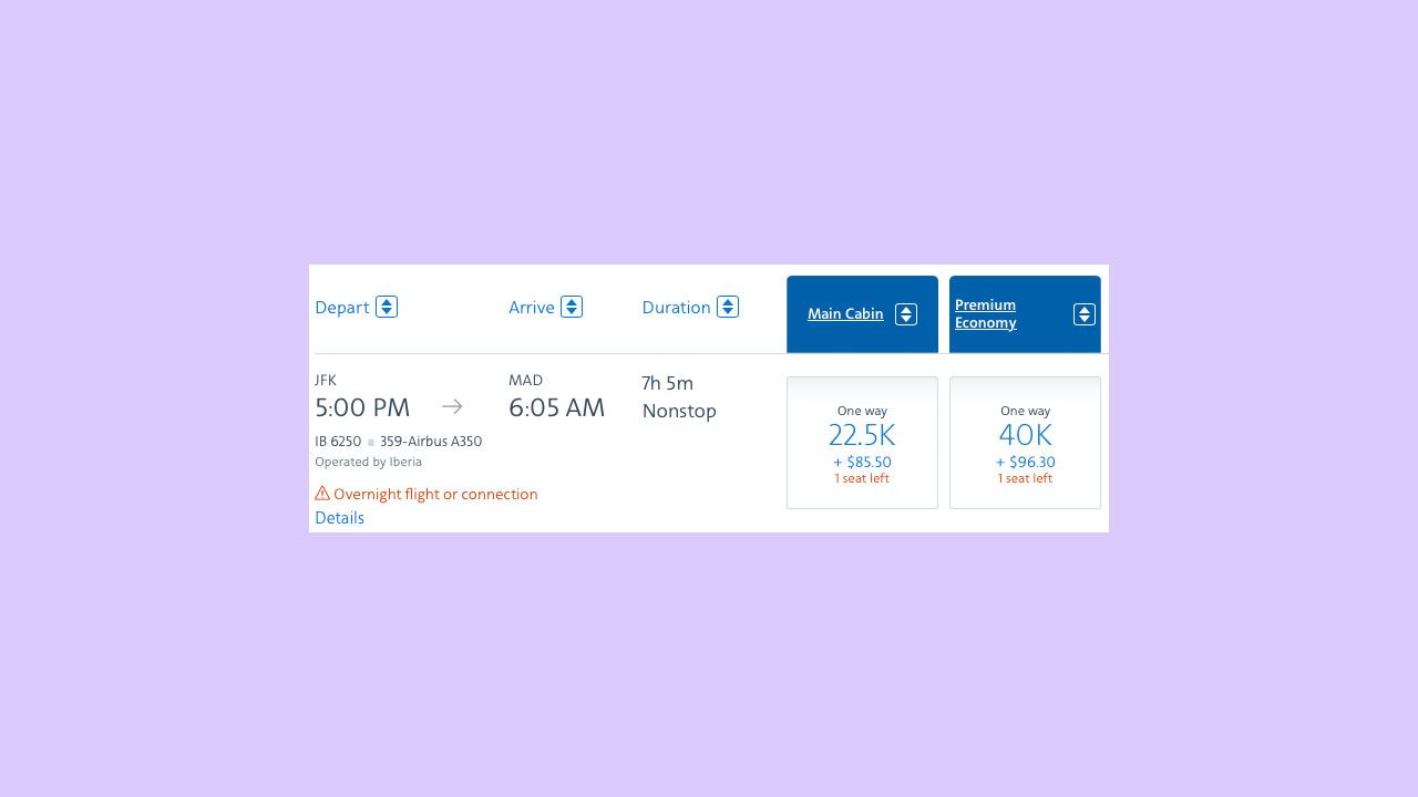 A screenshot showing American Airlines award flights from New York to Madrid