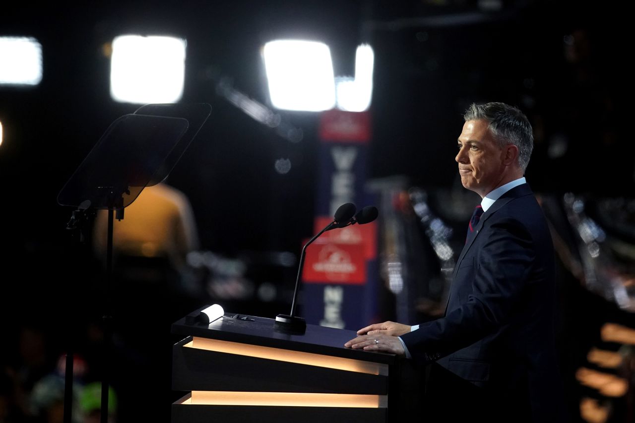 Rep. Jim Banks speaks during the Republican National Convention (RNC) at the Fiserv Forum in Milwaukee, Wisconsin, on Tuesday, July 16.