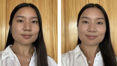 My bare face (left) before Jones Road, and then after (right) wearing the What the Foundation in Beige and Medium and Face Pencils in 7 and 8.