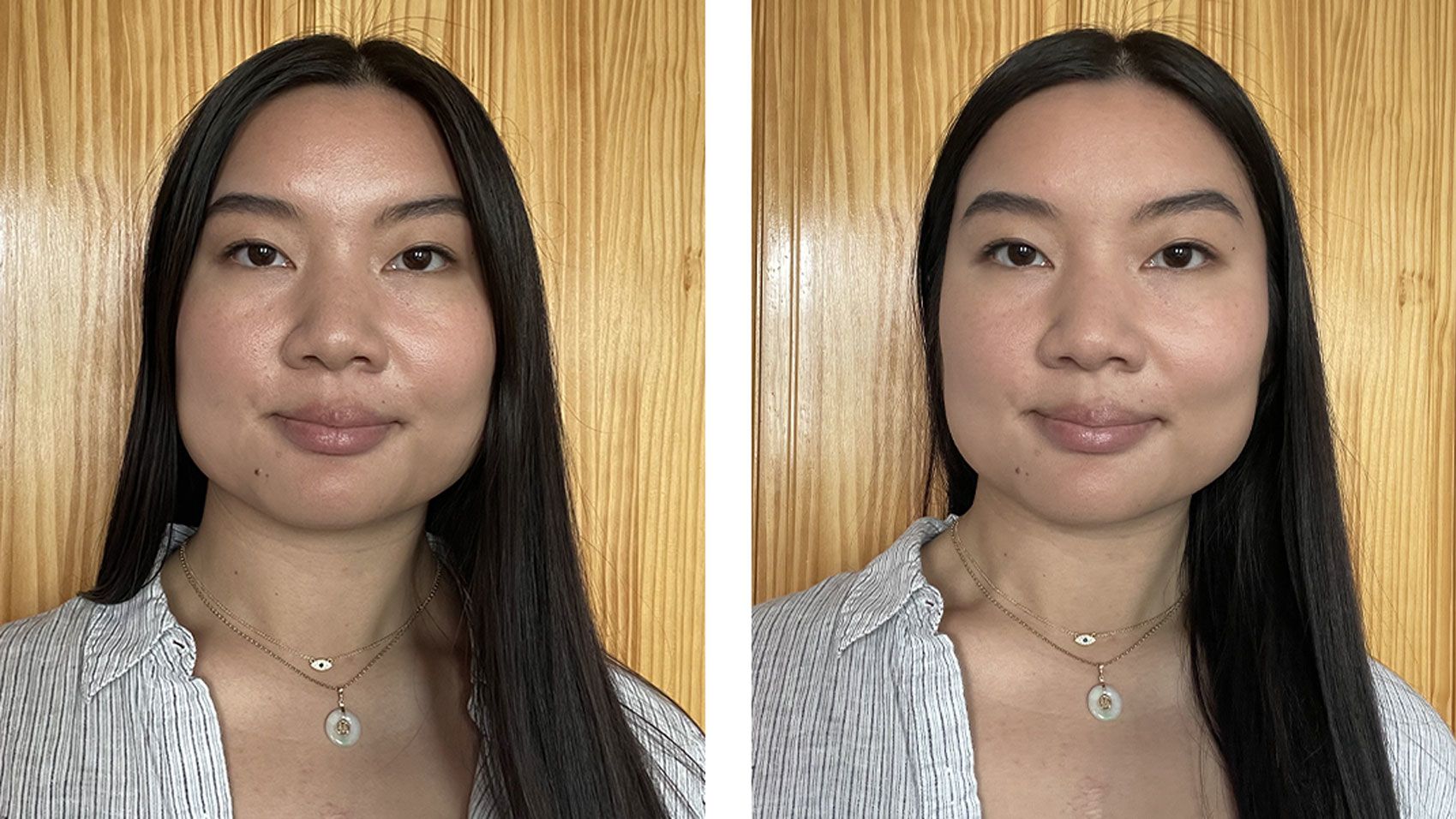 Before applying the Tinted Face Powder in Light (left) and after (right).