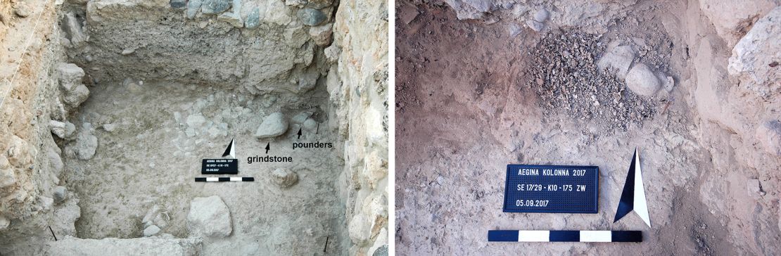 In early Mycenaean buildings at the Kolonna site on Aegina, the researchers also found stone tools (left) and crushed mollusk shells, believed to be used in the dye-making process.