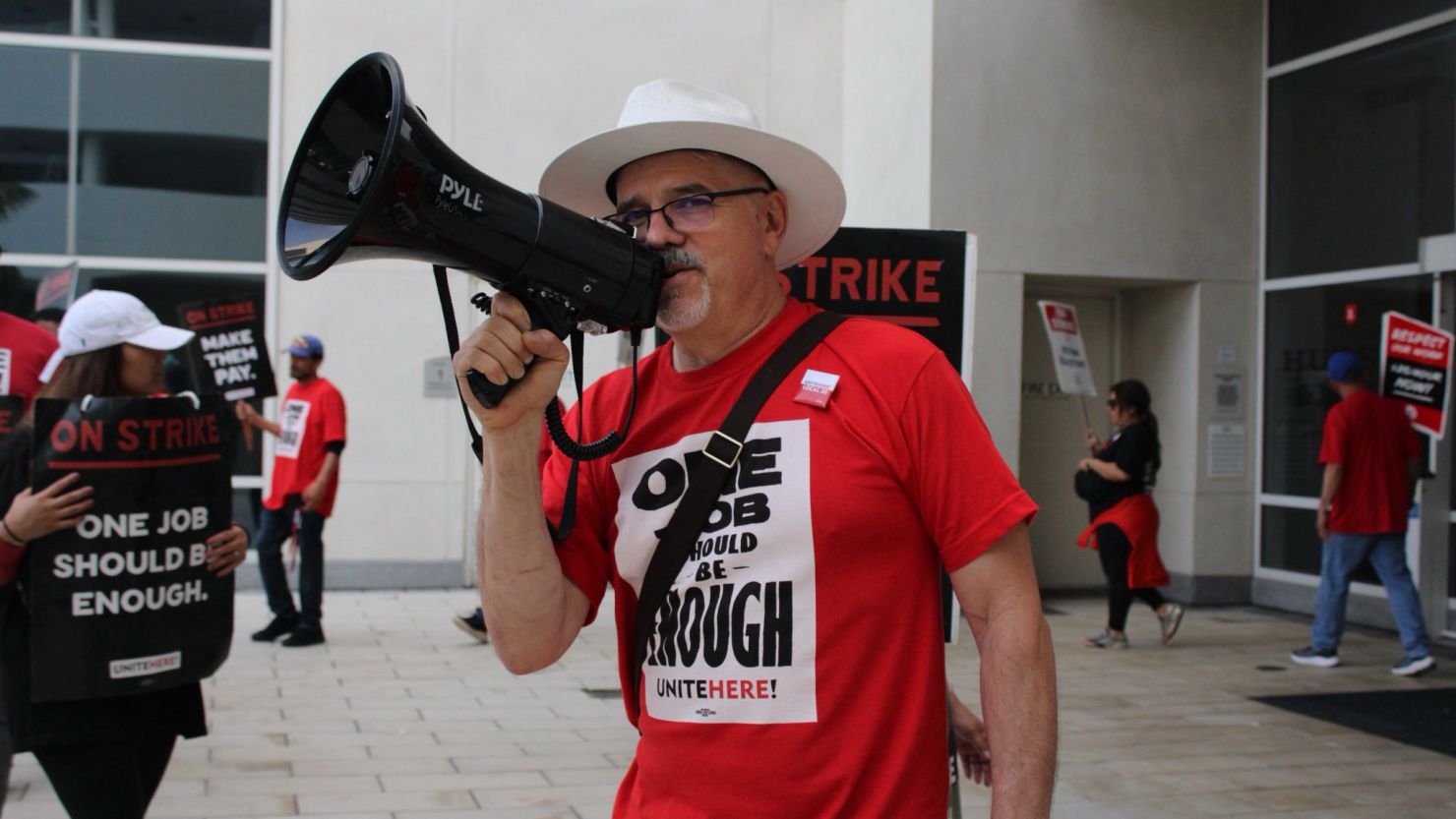 Hotel workers on strike at the Hilton San Diego Bayfront on September 4.