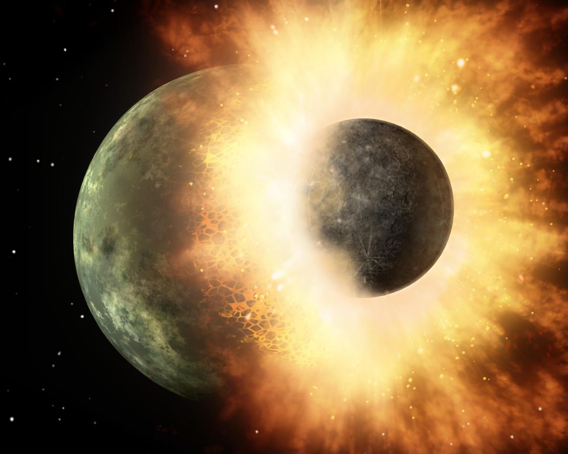 An artist's depiction of a celestial body roughly the size of the Moon colliding at high speed with an object the size of Mercury. Scientists believe that a Mars-sized object collided with Earth and that the molten debris it ejected into space formed the Moon.