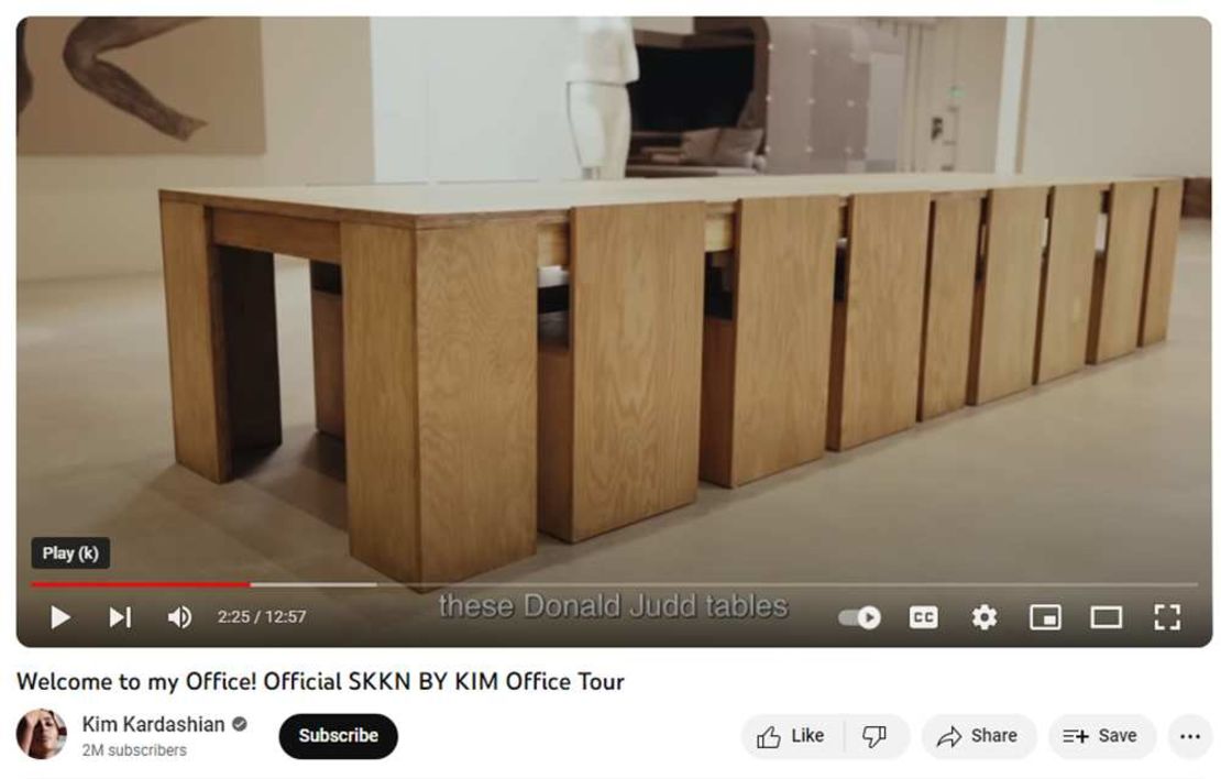 The foundation claims that Clements Design manufactured the copycat versions of Judd’s work for use in the Skkn by Kim office. When Kardashian praised the knockoffs in the video, it gave “the false impression” that the Judd Foundation had lent its trademark and Judd’s “artistic reputation” to Kardashian, the lawsuit states.