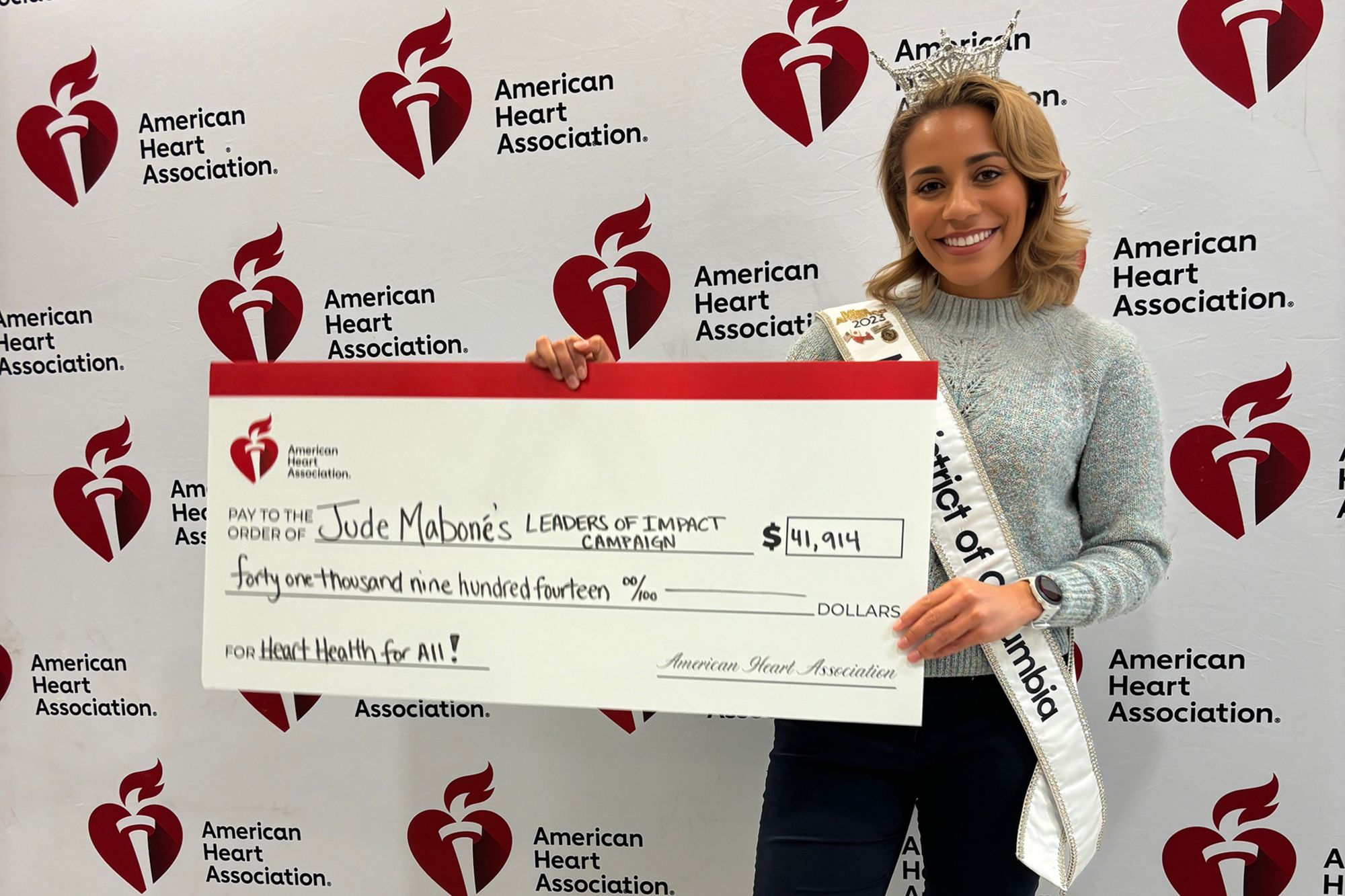 Jude Maboné, the current Miss District of Columbia, has led a team that raised $41,914 for the American Heart Association and was named the Greater Washington Region's Leader of Impact in 2023.