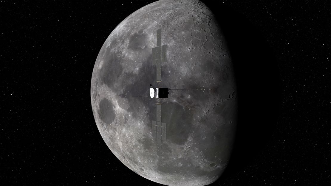 In this concept art, the Juice spacecraft is depicted flying close to the moon.