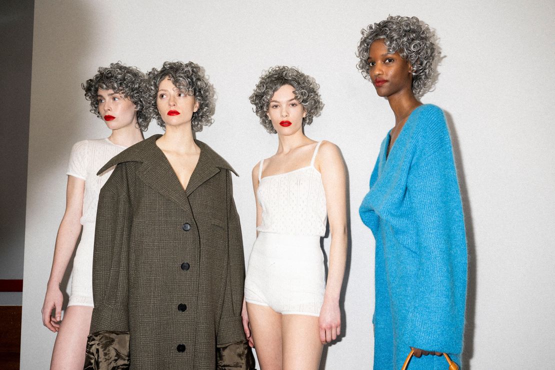 Coiled silver wigs were a mainstay at the JW Anderson show.