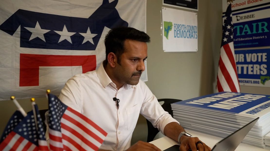 Kannan Udayarajan works at the Forsyth County Democratic Party office in Georgia on September 24, 2024. 