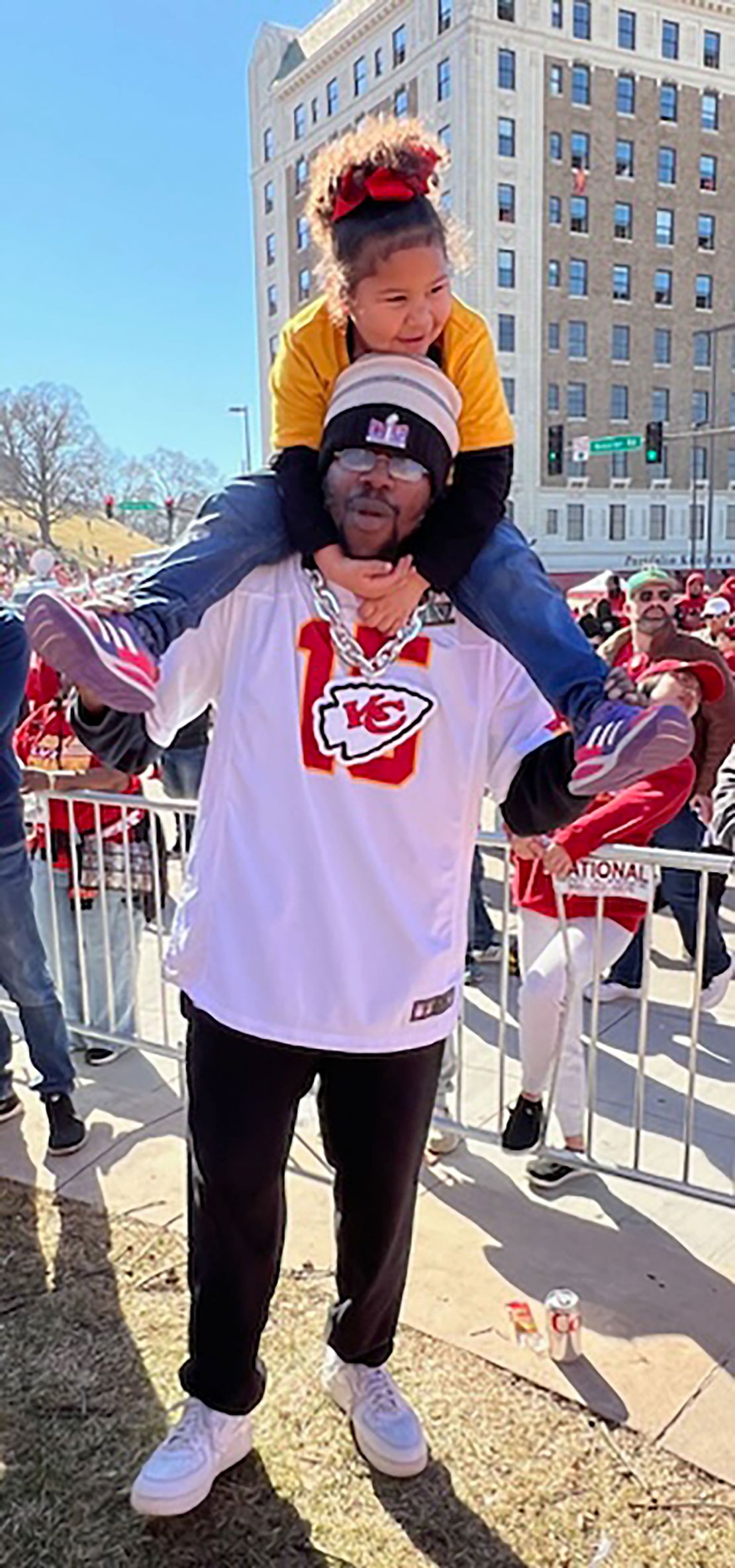 James Lemons was carrying daughter Kensley on his shoulders at the Kansas City Chiefs Super Bowl parade when he felt a bullet enter the back of his right thigh. He says his first thought amid the chaos was getting his family to safety.