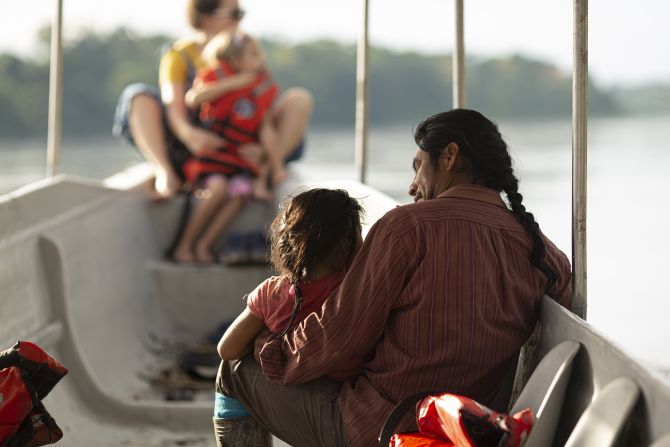 Kara Solar estimates that the four solar-powered canoes in Ecuador collectively travel 450 kilometers (280 miles) a month and, as well as transporting the Achuar, have carried over 1,000 tourists. They are also used for school trips for local children, pictured.