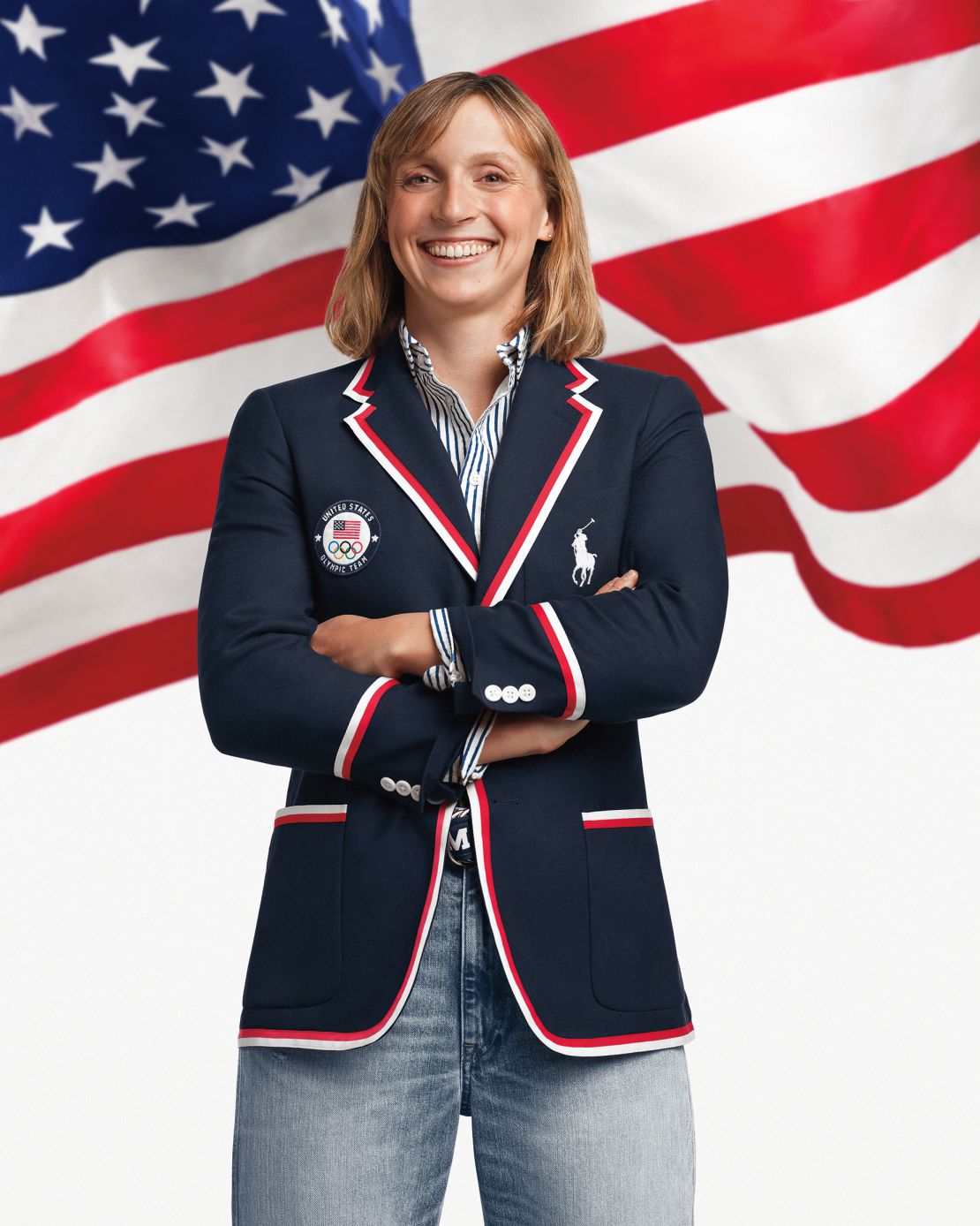 Four-time Olympian (and winner of 10 medals — seven gold, three silver — across her previous Games) swimmer Katie Ledecky poses in the opening ceremony look.