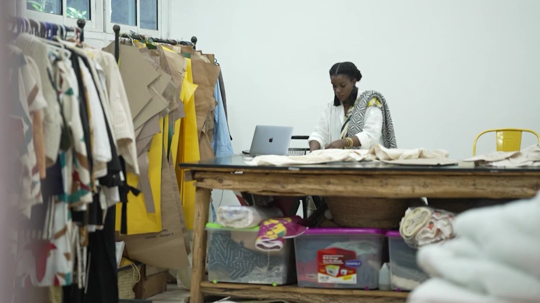 Katungulu Mwendwa, founder of Katush, works on her latest collection in her workshop in Nairobi, Kenya.