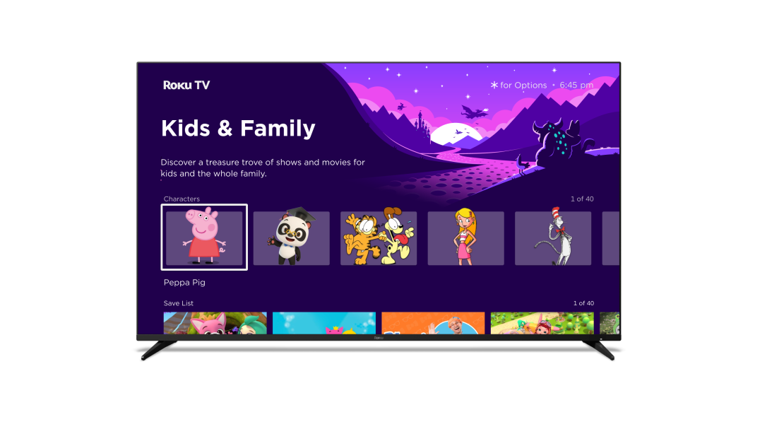 Peppa Pig is one of the promoted characters in the Roku "Kids & Family" screen graphic